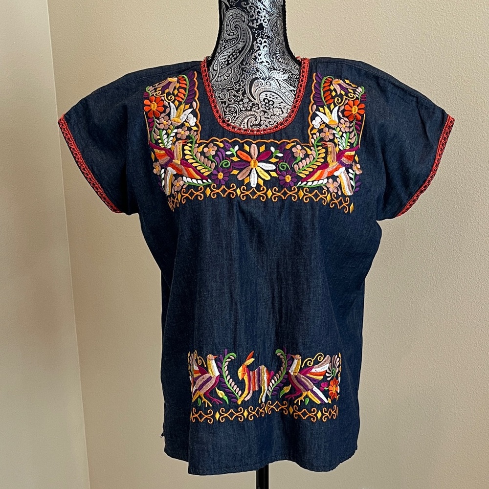 Embroidered Denim Blue Women's Top Size Medium